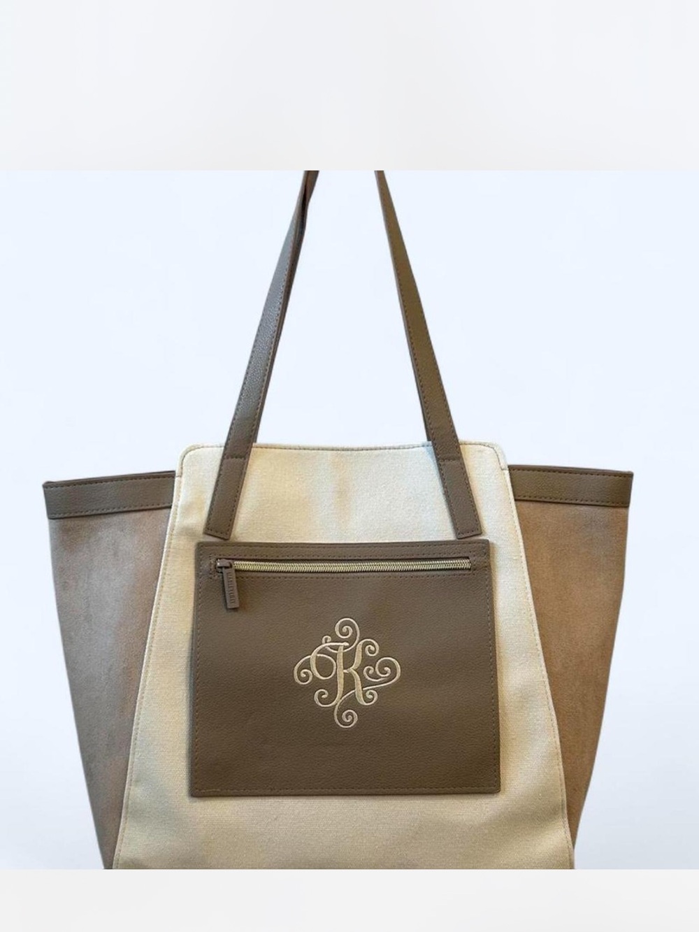 Taupe and Cream Tote Bag with Front Zip Pocket
